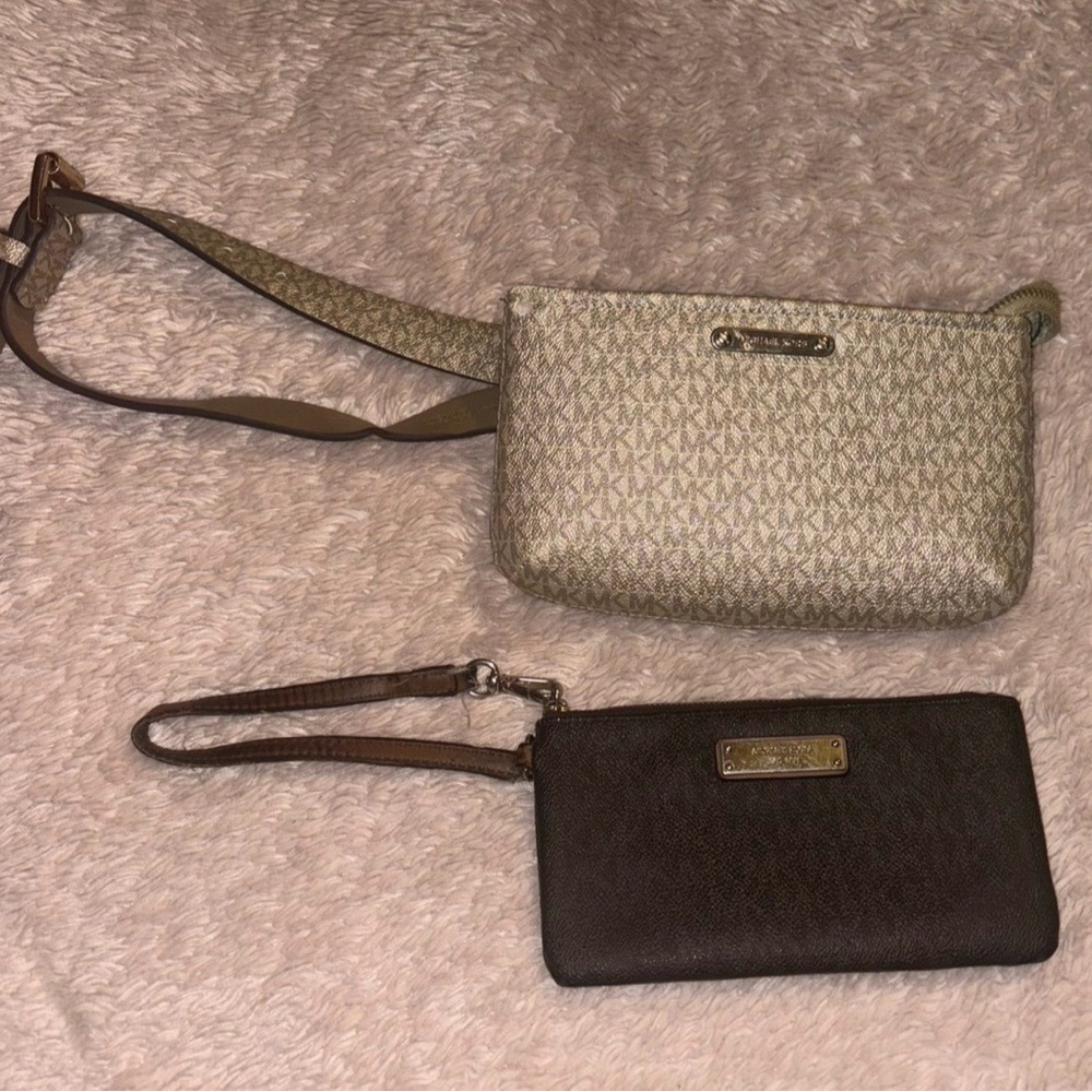 Michael Kors Cream and Brown Clutch & Wristlet Set